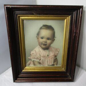 Vintage Wood Wooden Deep Set Framed Baby Girl Picture Photo Wall Hanging
